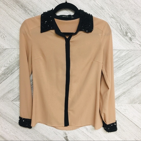 Ark & Co Tops - Ark & Co | Taupe Black Beaded Button Down Shirt